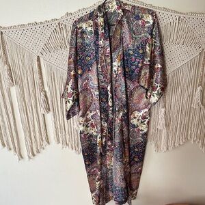 Paisley Satin Kimono Robe in Navy and Cream